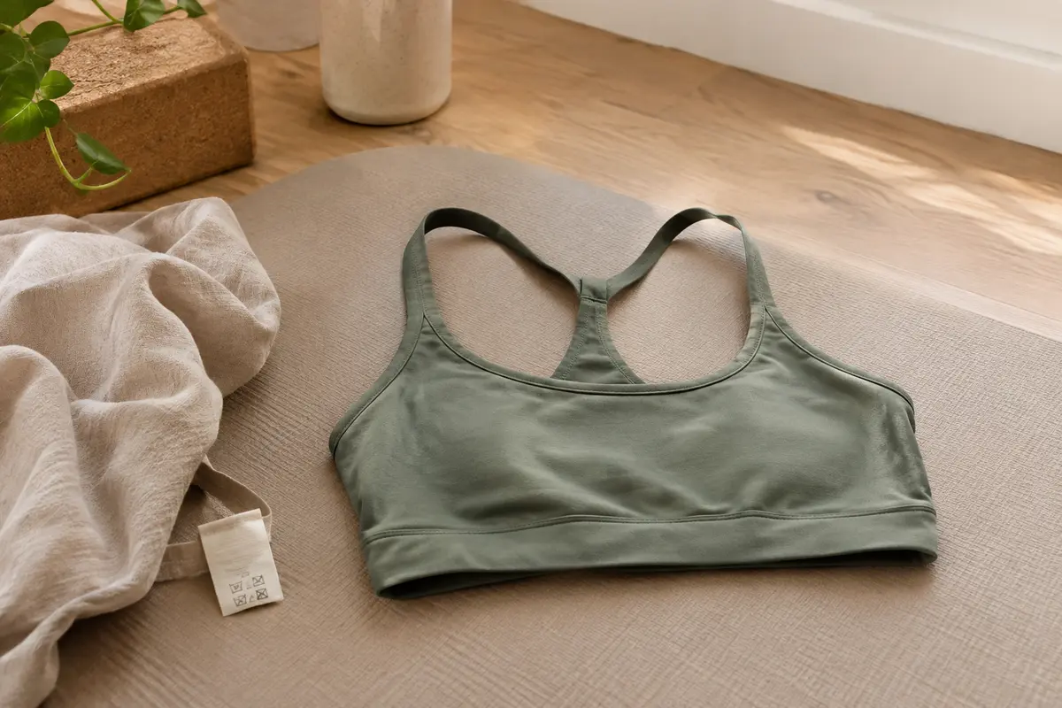 Brassière de yoga posée à plat, mettant en évidence les bretelles, la matière et la bande sous-poitrine.
