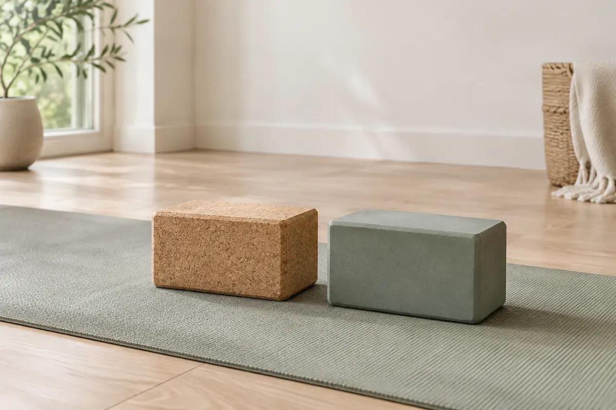 Une brique de yoga en liège et une brique en mousse posées côte à côte sur un tapis