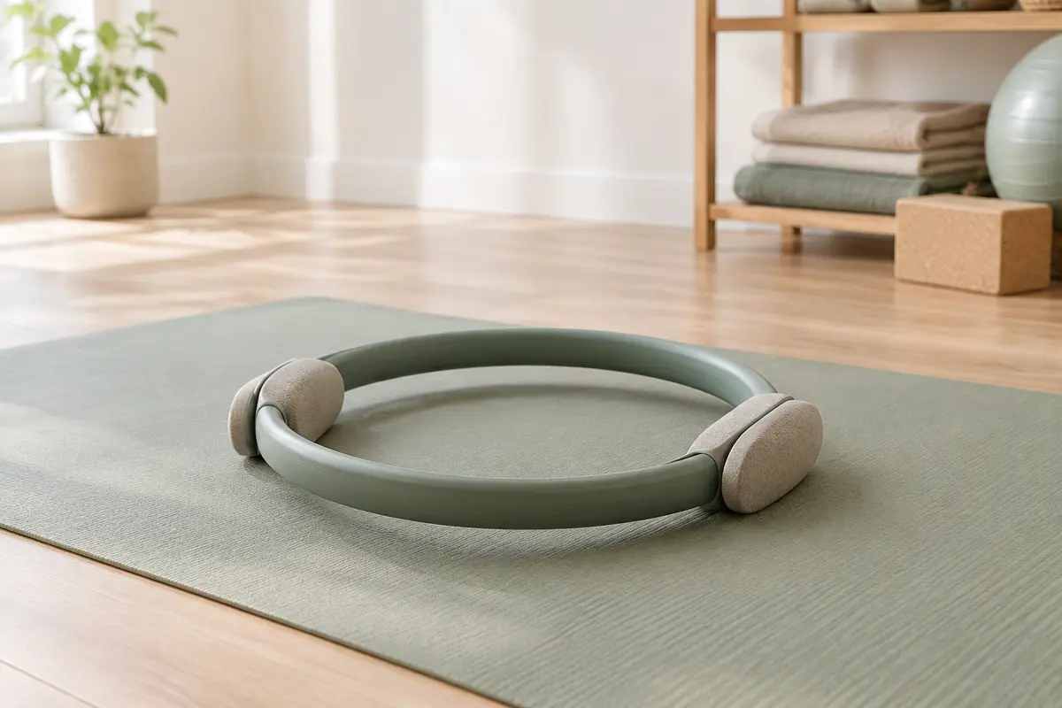 Cercle de Pilates à poignées rembourrées posé sur un tapis dans un espace de pratique lumineux.