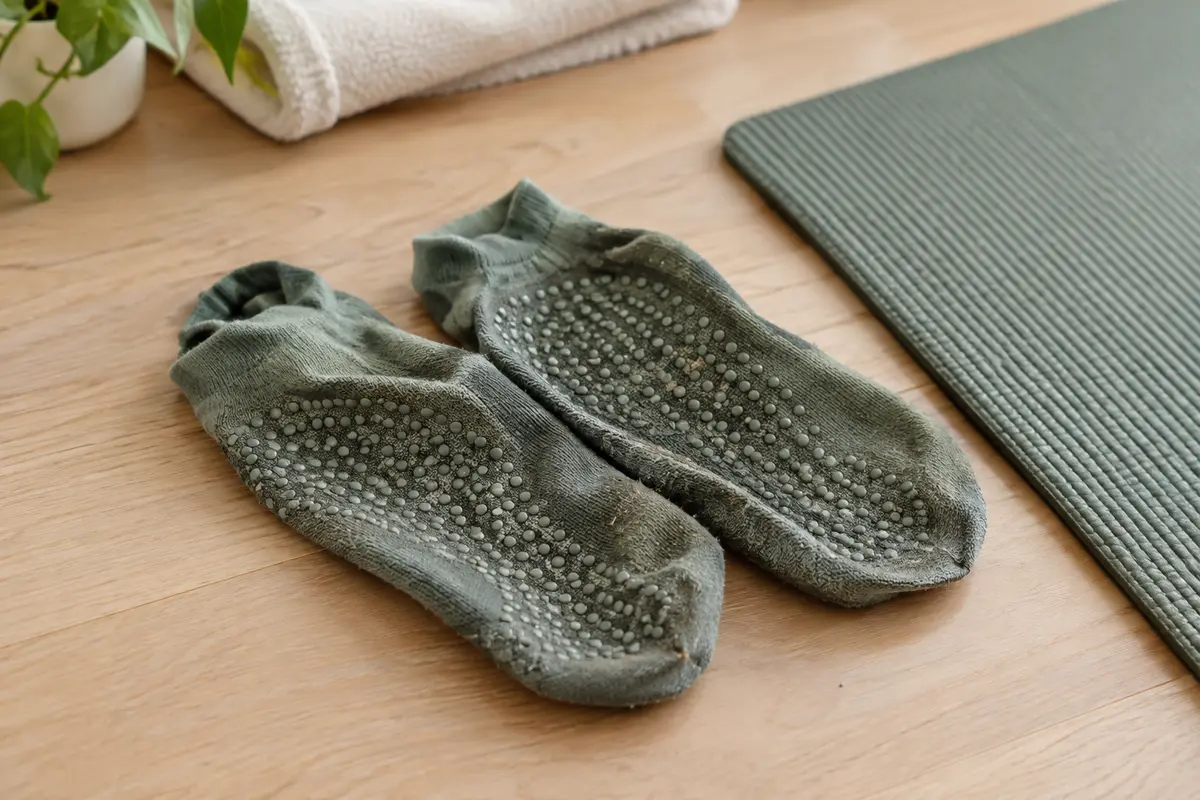 Semelles à picots de chaussettes de yoga posées près d’un tapis sur un sol propre et sec