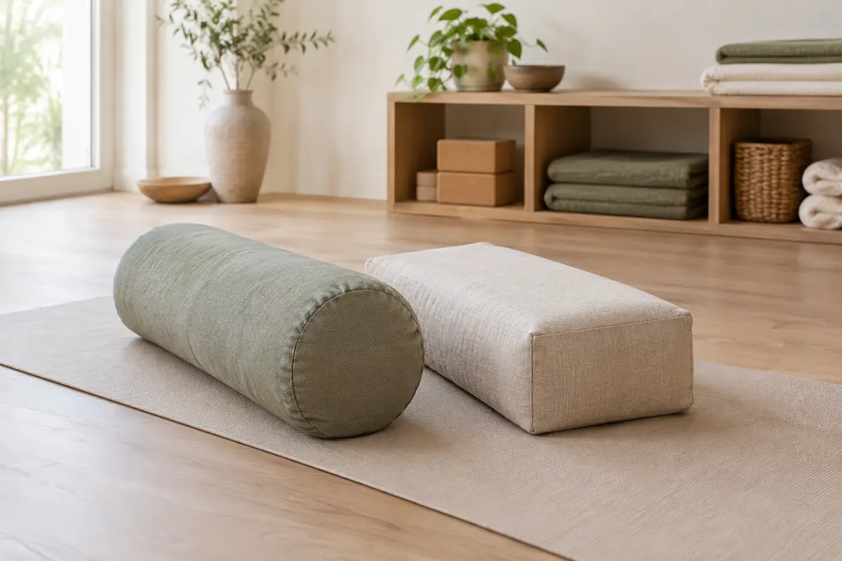 Bolsters de yoga rond et rectangulaire posés côte à côte dans un espace de pratique calme