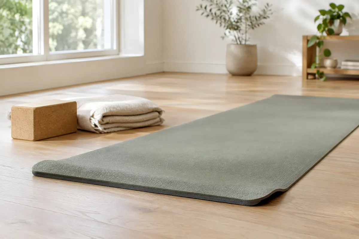 Tapis de yoga déroulé sur un sol en bois, avec une brique et une couverture pliée à proximité