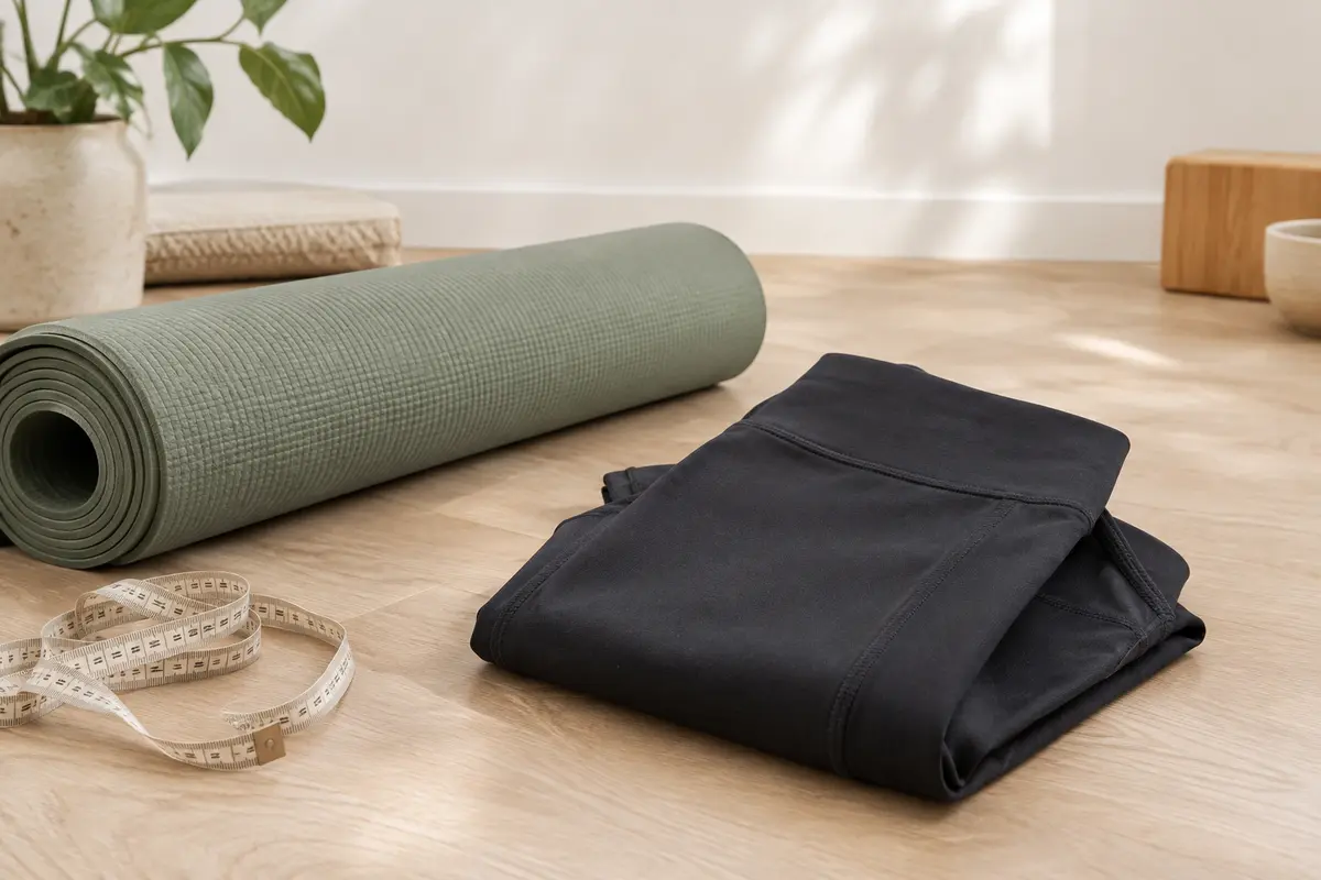 Legging noir plié près d’un tapis de yoga, avec la ceinture et les coutures visibles