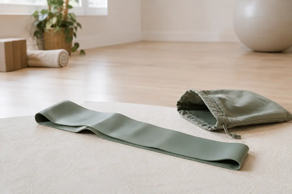 Bande élastique de Pilates dépliée sur un sol clair pour vérifier son état avant rangement