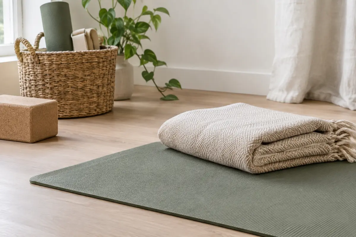 Couverture de yoga en coton pliée près d’un tapis, prête pour la relaxation et le rangement.