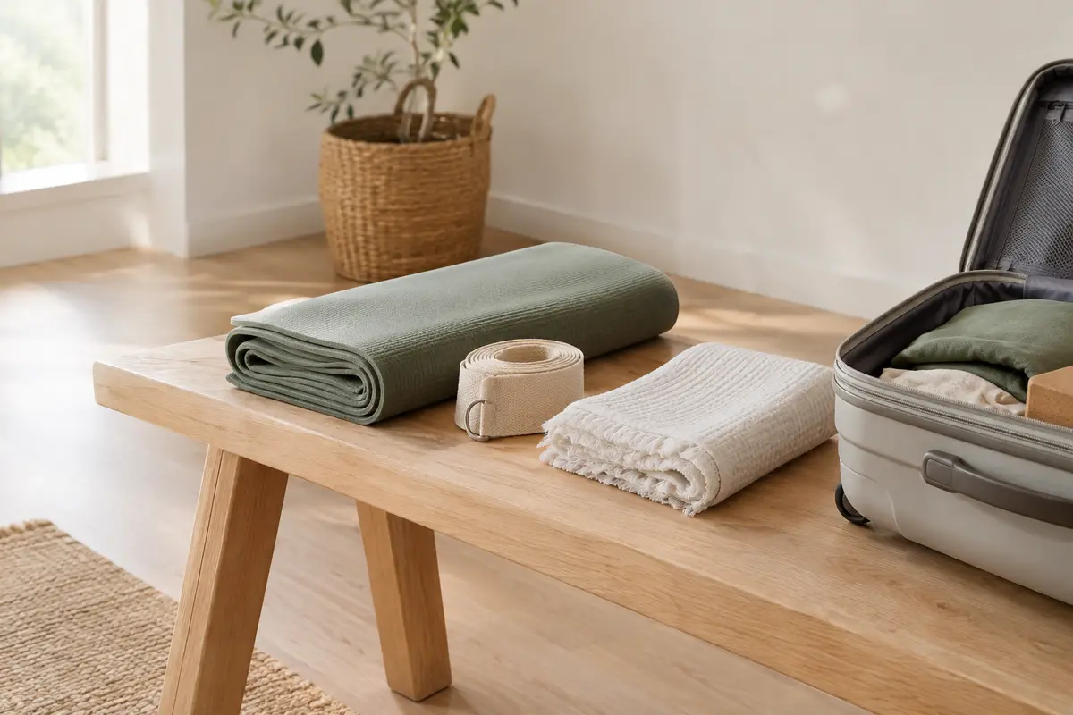 Tapis de yoga plié, sangle et serviette rangés près d’une valise ouverte pour un voyage