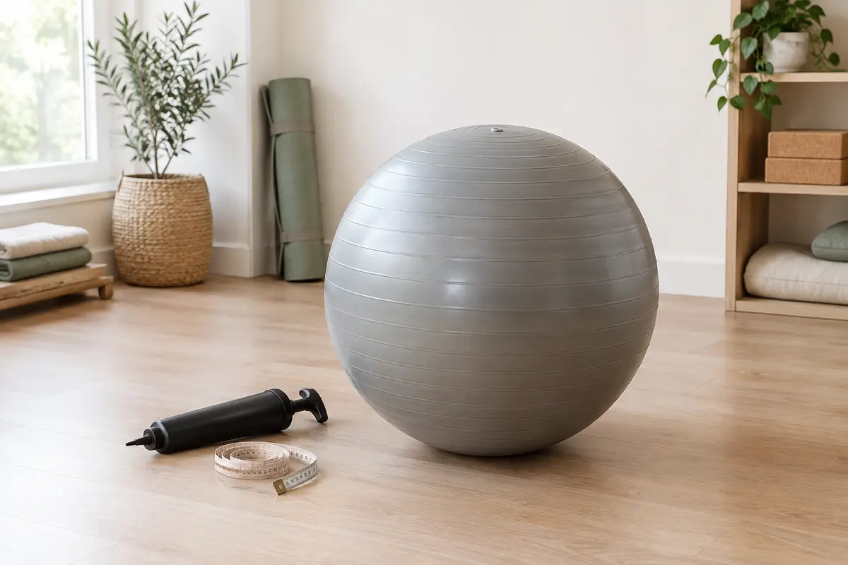 Ballon de Pilates gonflé sur un sol dégagé, avec une pompe manuelle et un mètre souple à proximité.