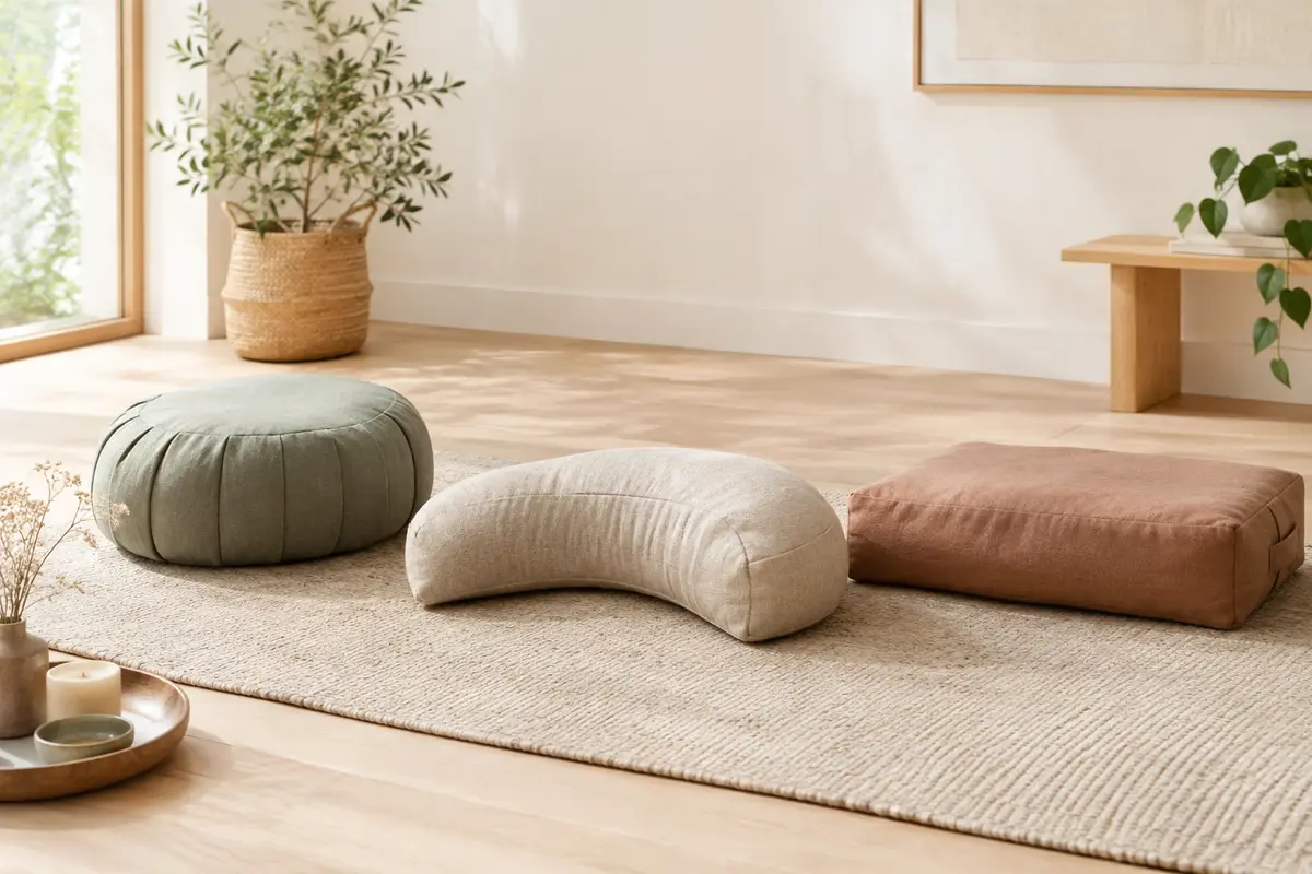 Coussins de méditation ronds, en demi-lune et rectangulaires posés côte à côte sur un sol clair.