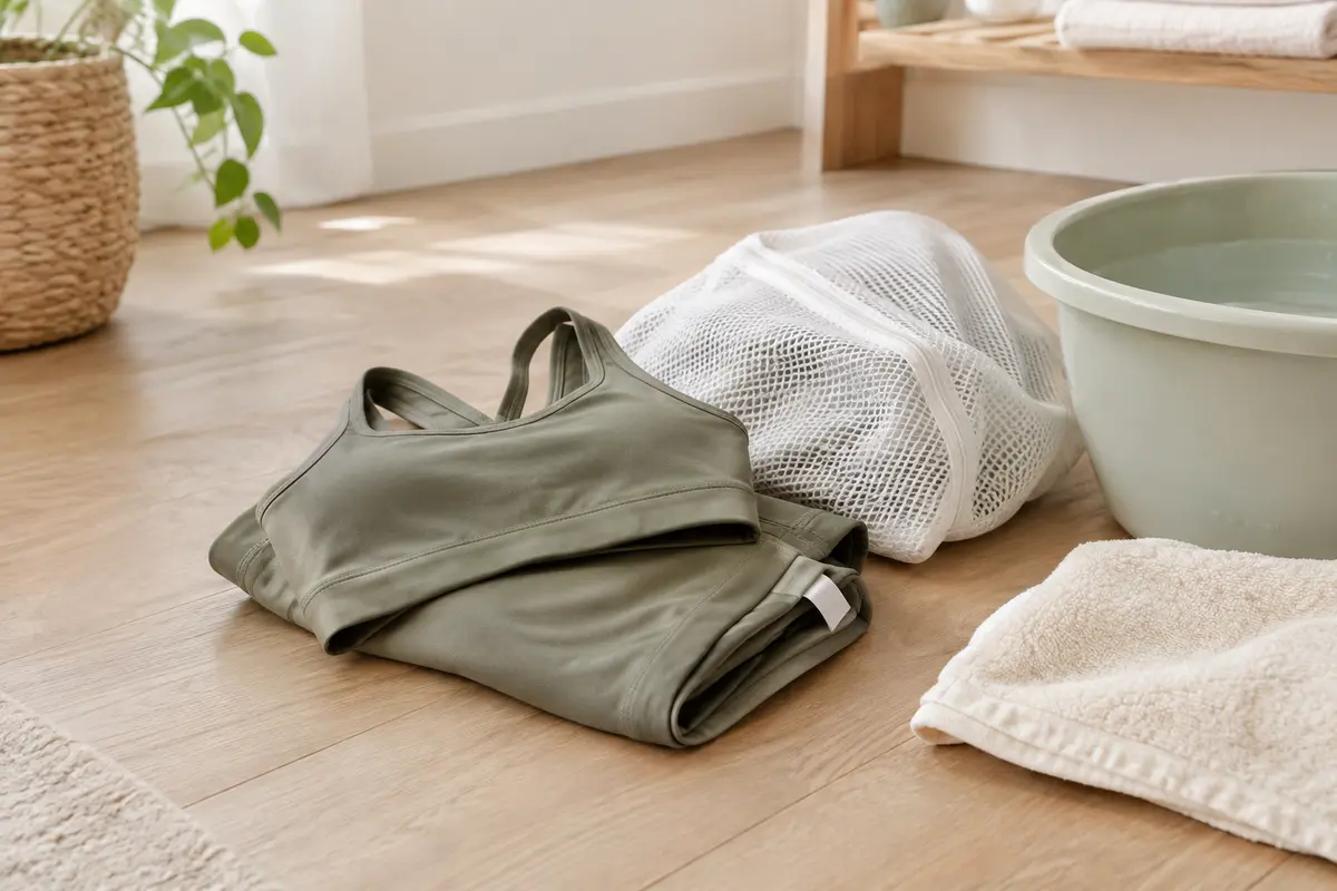 Legging et brassière de yoga pliés près d’un filet de lavage et d’une serviette claire