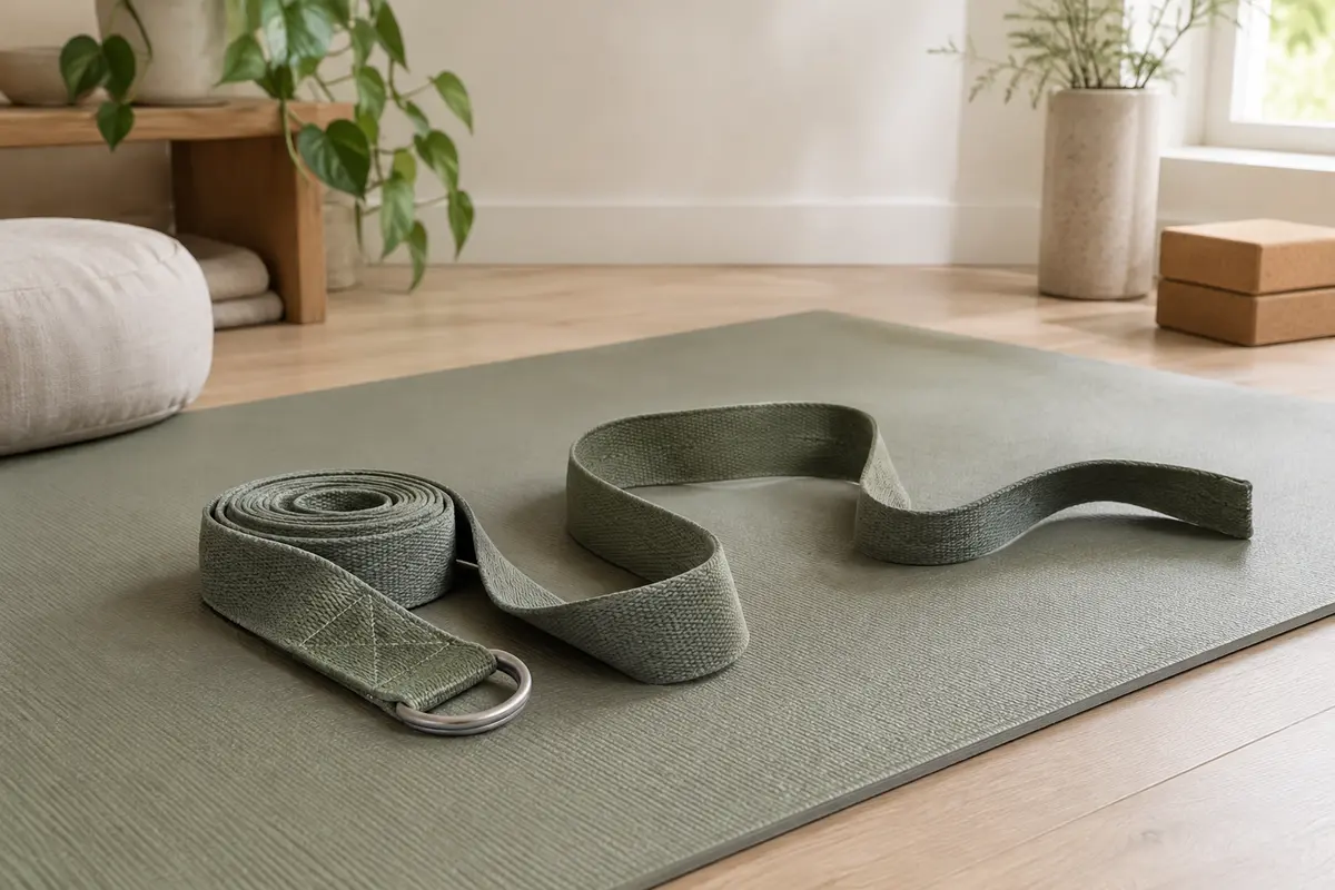 Sangle de yoga en coton partiellement déroulée sur un tapis, avec sa boucle métallique visible.