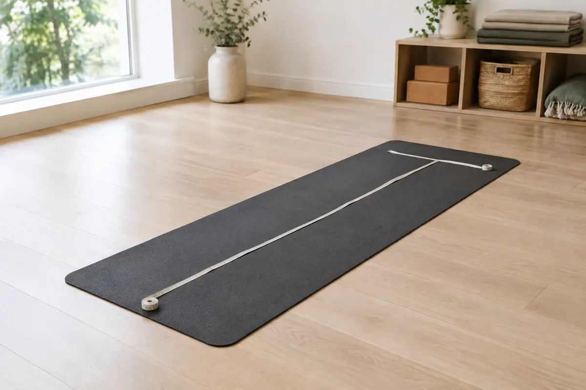 Tapis de yoga posé au sol avec un mètre ruban pour vérifier sa longueur et sa largeur