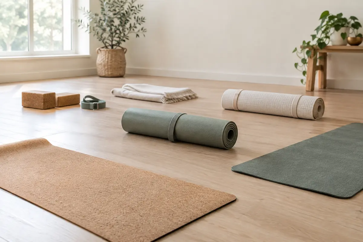 Tapis de yoga en liège, mousse et textile disposés sur un sol clair pour comparer leurs surfaces