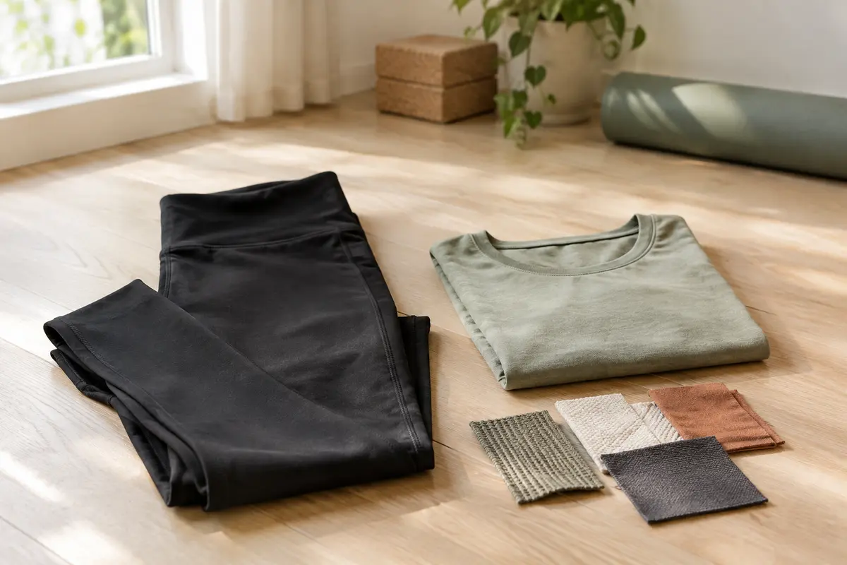 Legging et haut de yoga pliés près d’échantillons de tissus éclairés par la lumière naturelle