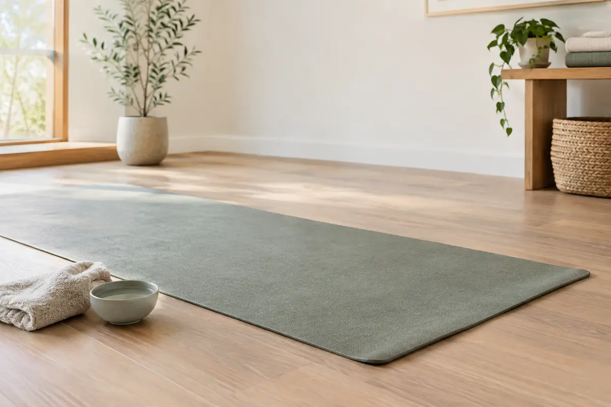 Tapis de yoga étendu près d’un chiffon doux dans une pièce lumineuse et aérée