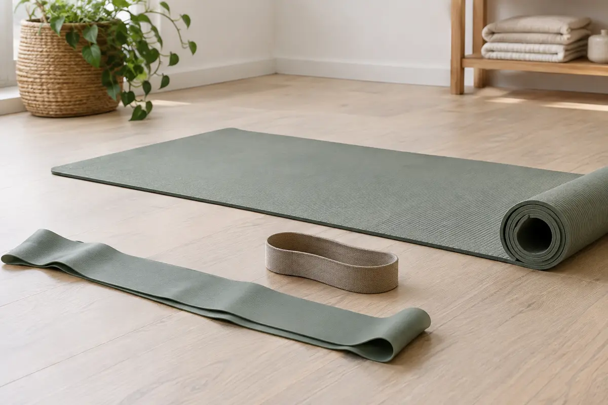 Bande longue et boucle de Pilates disposées sur un tapis dans un espace de pratique clair