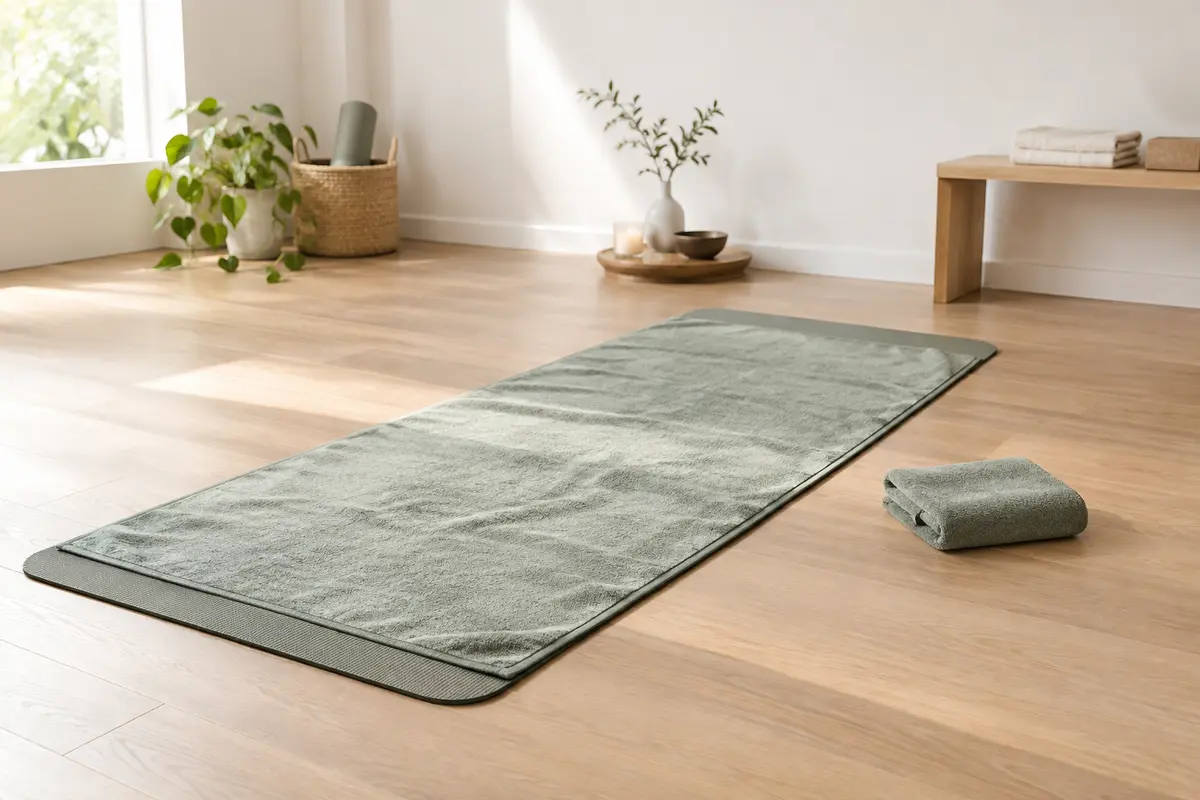 Serviette de yoga étendue sur un tapis et petit modèle plié à côté, dans un intérieur lumineux.