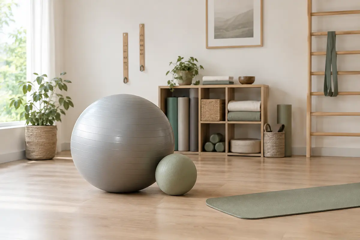 Grand ballon de Pilates gris et petit ballon souple dans un espace de pratique dégagé à domicile