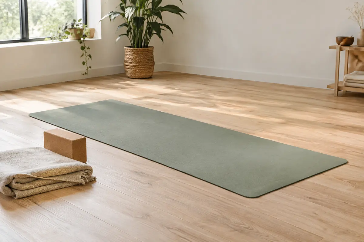 Tapis de pratique déroulé dans une pièce lumineuse, avec une couverture pliée et une brique posées à côté.