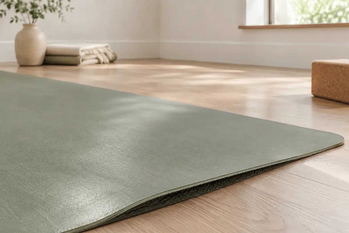 Tapis de yoga déroulé sur un sol sec, avec une zone de surface lissée visible