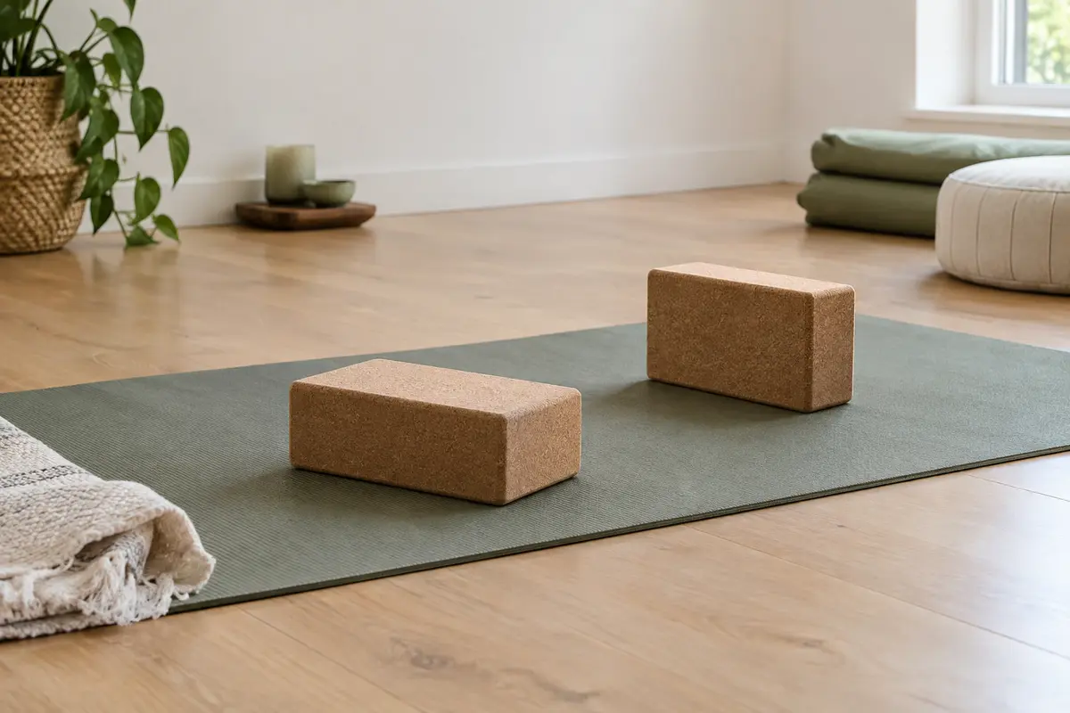 Deux briques de yoga posées séparément sur un tapis plat, avec leurs faces en contact avec le sol.