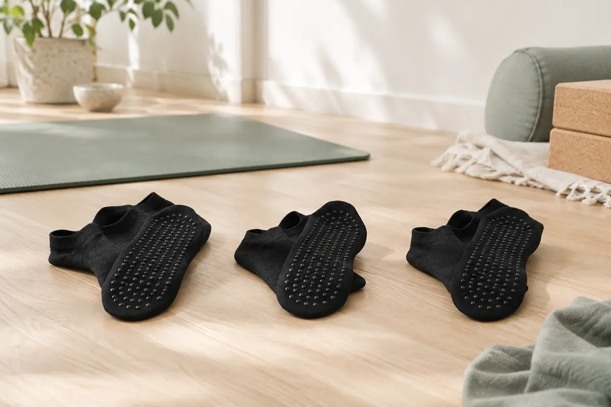 Trois paires de chaussettes noires de yoga à coupe basse avec picots antidérapants sous les semelles.