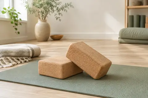 Deux briques de yoga en liège naturel brun posées sur un tapis dans un studio lumineux