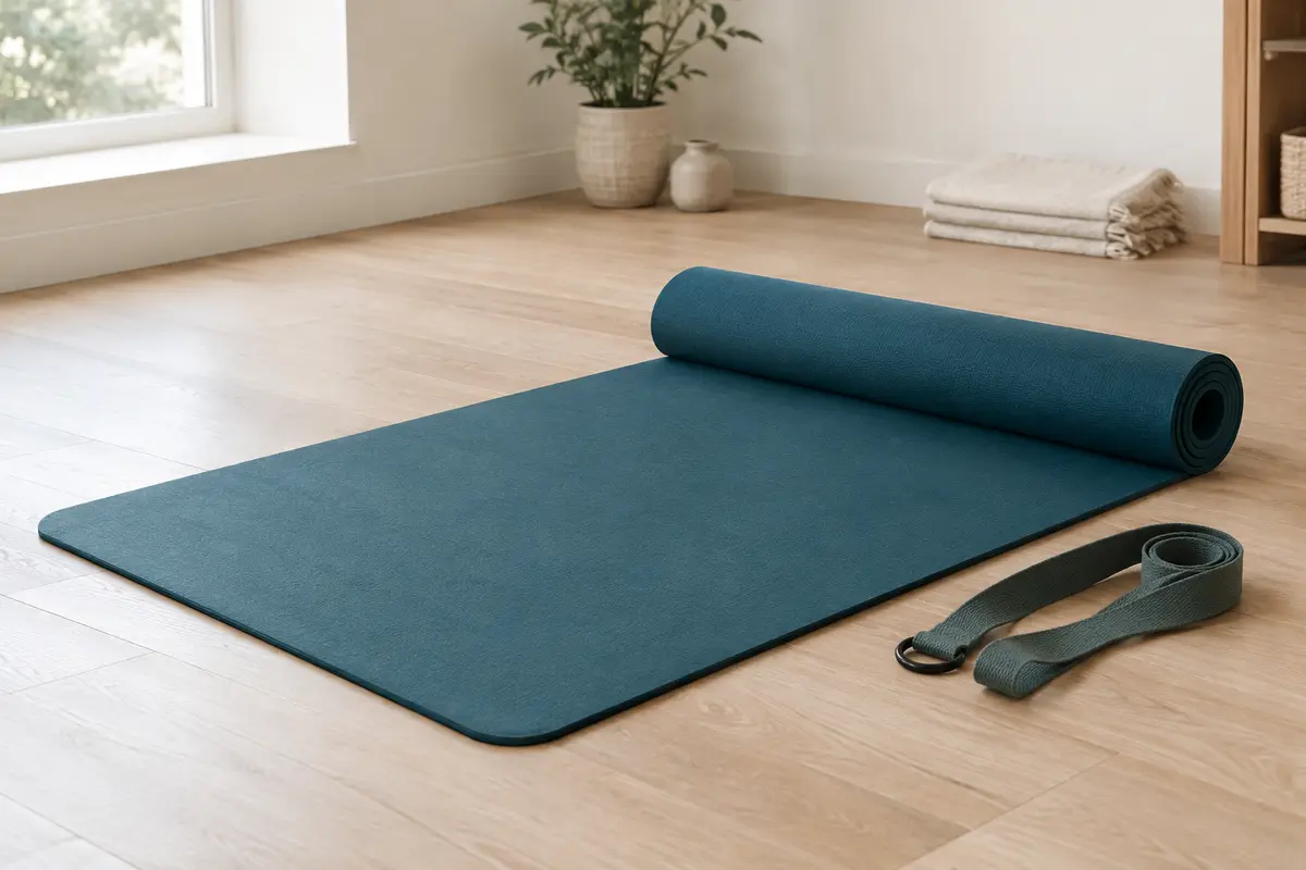 Tapis de yoga épais bleu pétrole déroulé sur un sol en bois clair, avec sa sangle de transport posée à côté.