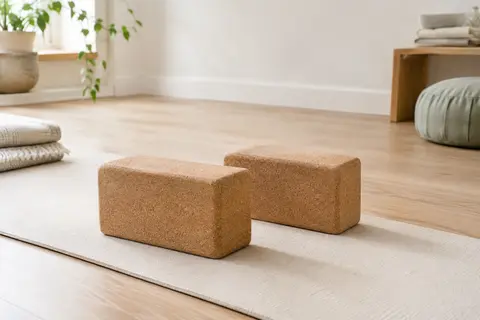 Deux blocs de yoga en liège naturel, aux bords arrondis, posés sur un tapis écru en studio