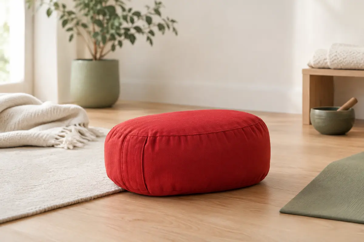 Coussin de méditation en coton rouge posé sur un sol en bois clair dans un studio lumineux.