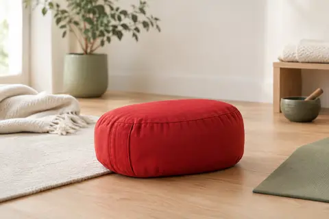 Coussin de méditation en coton rouge posé sur un sol en bois clair dans un studio lumineux.