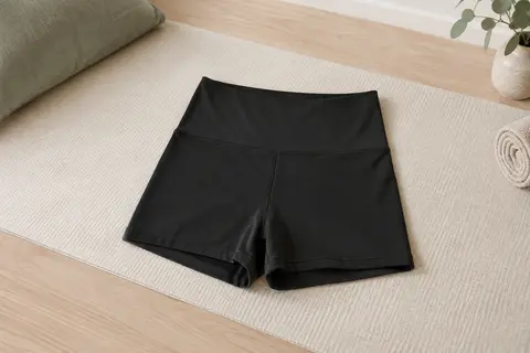 Shorty de sport noir à taille haute posé à plat sur un tapis écru dans un studio lumineux.