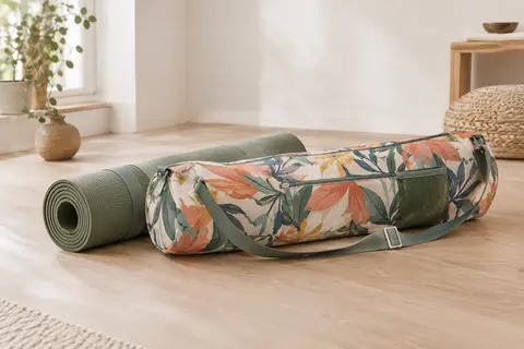 Sac de tapis de yoga imprimé multicolore posé près d’un tapis roulé dans un studio lumineux au sol en bois