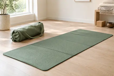 Tapis de yoga pliable vert déplié dans un studio lumineux, avec son sac de transport posé à côté.