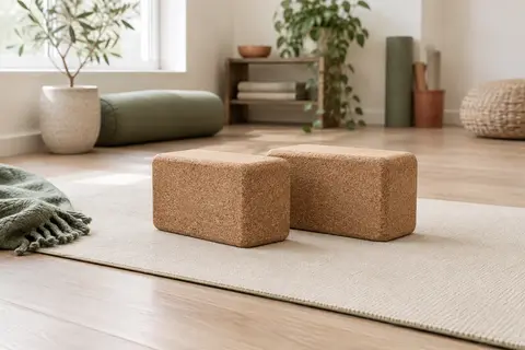 Deux briques de yoga brunes en liège naturel aux coins arrondis, posées sur un tapis écru.