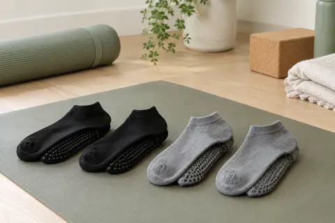 Quatre paires de chaussettes de Pilates noires et grises à picots antidérapants sur un tapis
