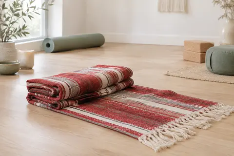 Couverture de yoga rouge à motif rayé et tissage traditionnel, pliée sur un sol en bois clair.