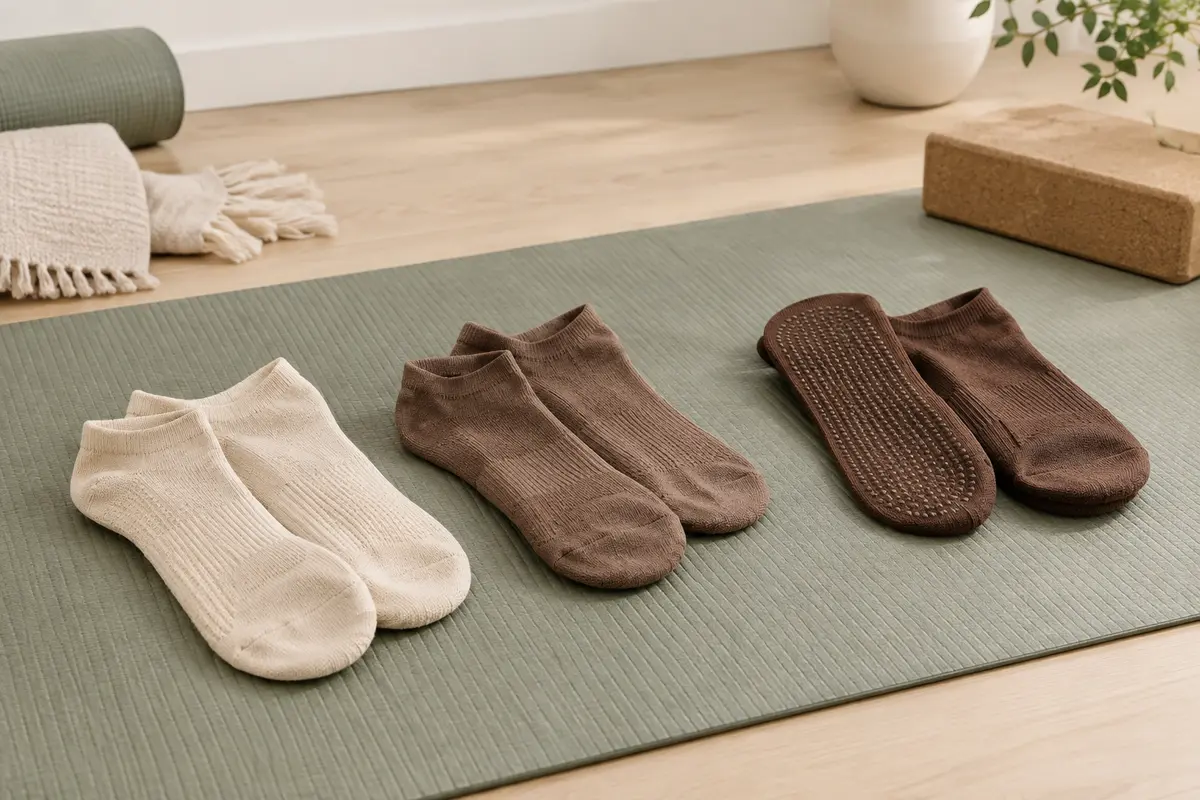 Trois paires de chaussettes antidérapantes beige, café et brune posées sur un tapis dans un studio de yoga.