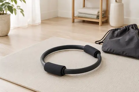 Anneau de Pilates noir à deux poignées rembourrées posé sur un tapis écru, avec son sac de transport.
