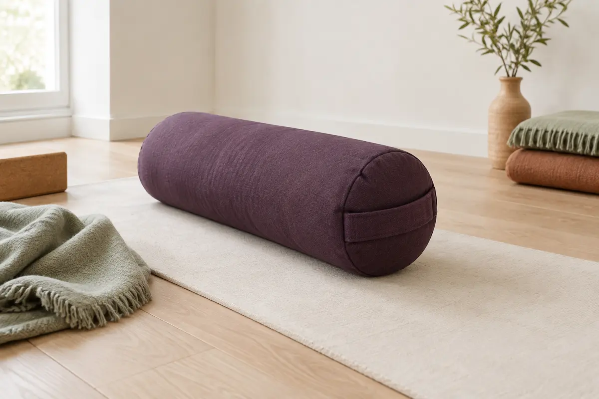 Bolster rond de yoga aubergine en coton, posé sur un tapis écru dans un studio lumineux