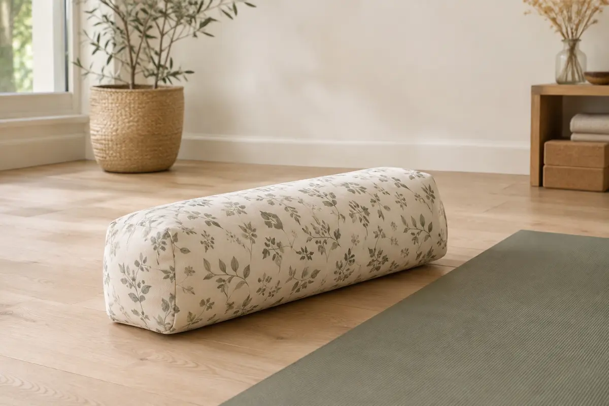 Bolster de yoga rectangulaire écru à housse imprimée, posé près d’un tapis dans un studio lumineux