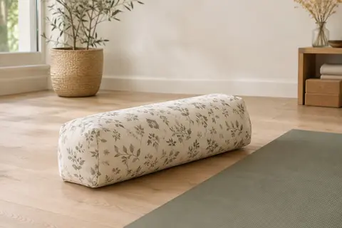 Bolster de yoga rectangulaire écru à housse imprimée, posé près d’un tapis dans un studio lumineux