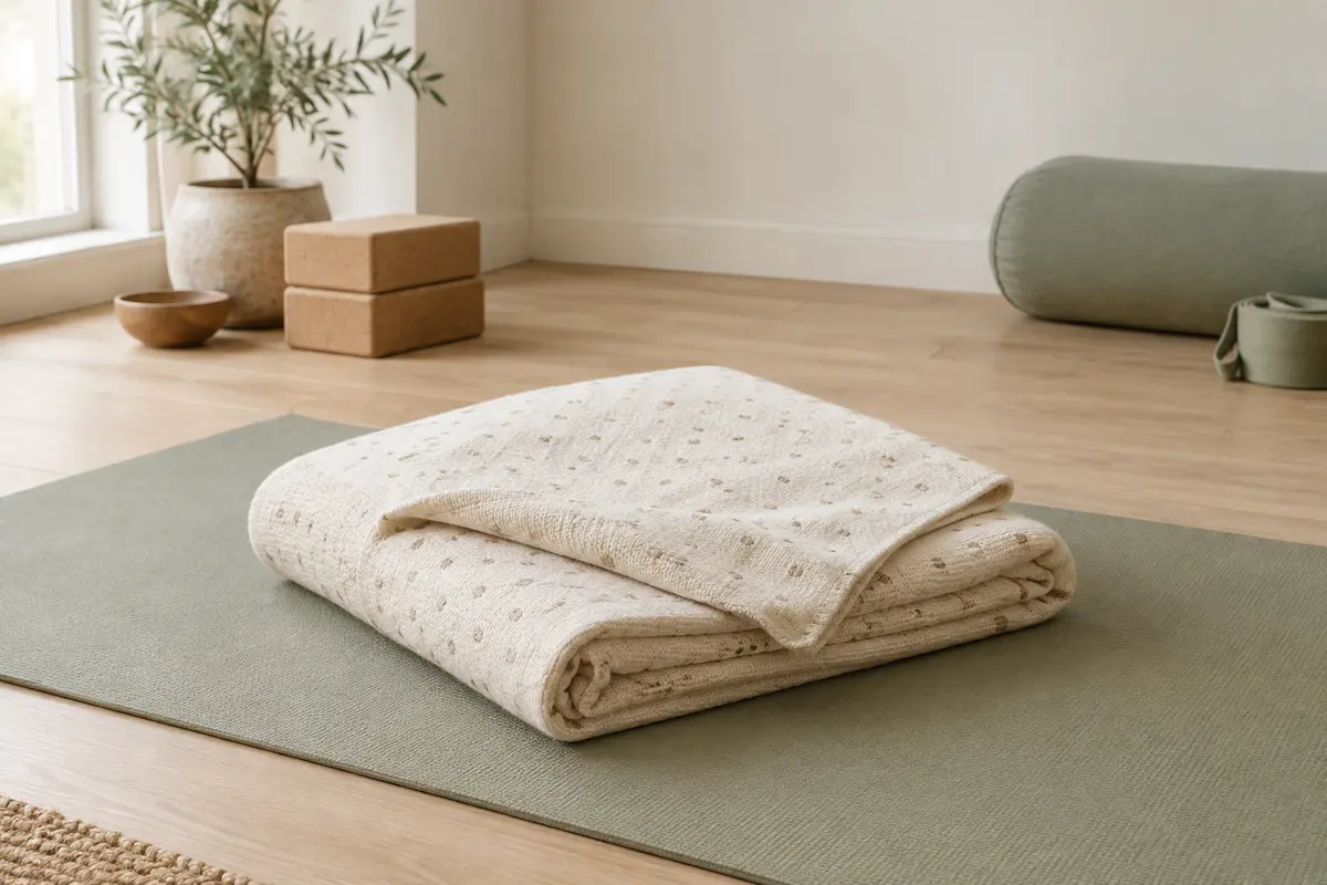 Couverture de yoga écrue en coton épais, pliée sur un tapis dans un studio lumineux