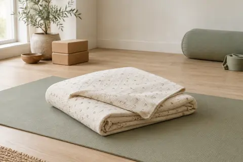 Couverture de yoga écrue en coton épais, pliée sur un tapis dans un studio lumineux