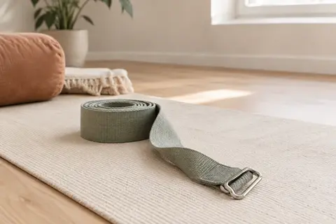 Sangle de yoga en coton naturel avec boucle métallique, disposée sur un tapis dans un studio lumineux.