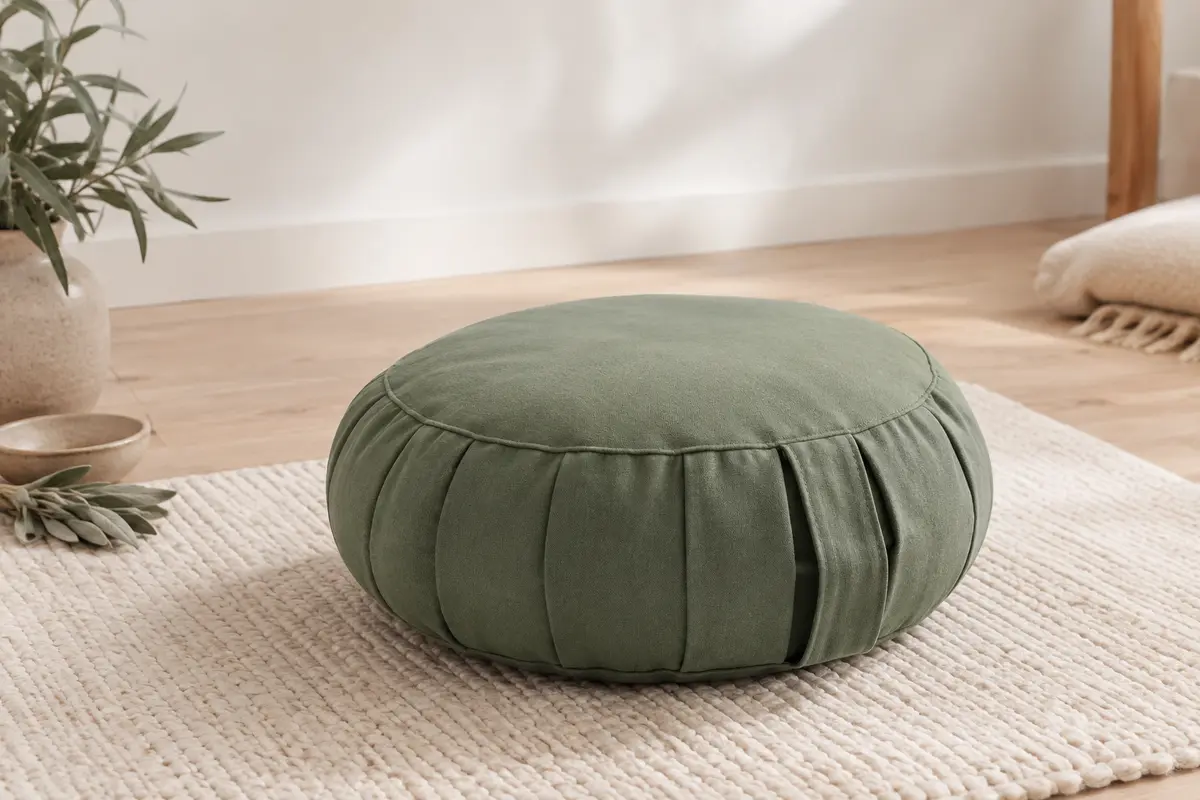 Coussin de méditation rond vert à soufflets, posé sur un tapis écru dans un studio lumineux