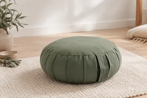 Coussin de méditation rond vert à soufflets, posé sur un tapis écru dans un studio lumineux