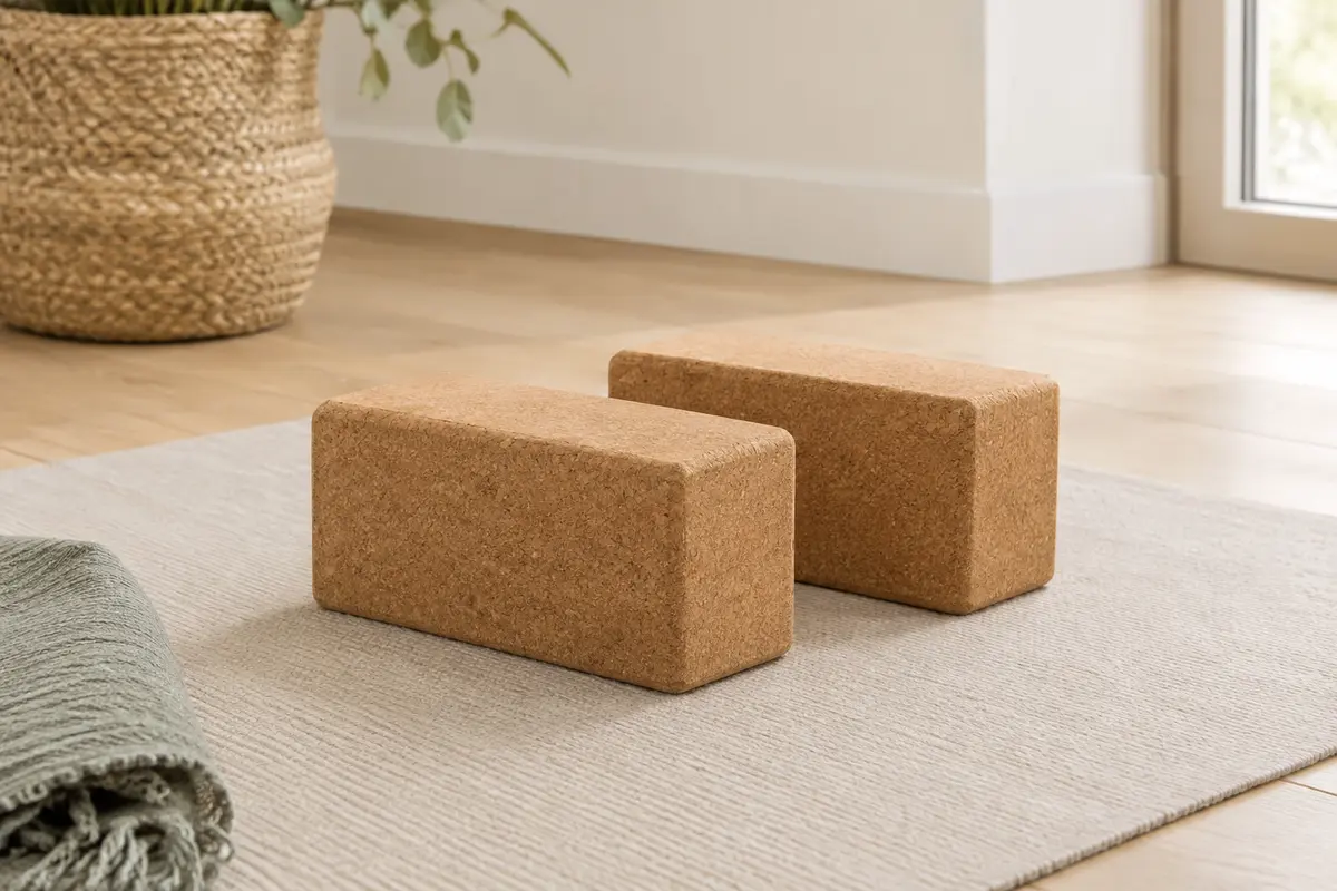 Deux briques de yoga rectangulaires en liège brun clair posées sur un tapis écru dans un studio lumineux.