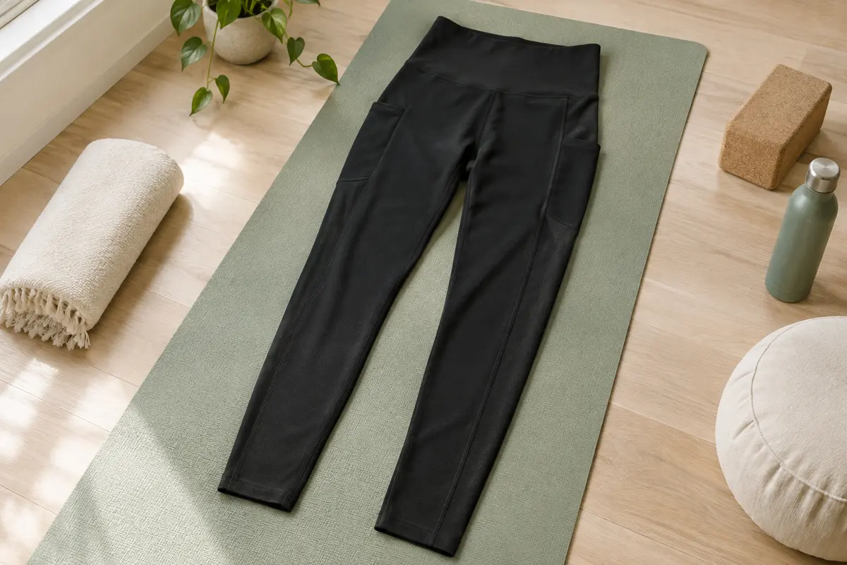 Legging de sport noir à taille haute et texture structurée posé dans un studio lumineux.