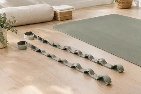 Deux sangles élastiques de yoga à 11 boucles posées près d’un tapis dans un studio lumineux