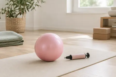 Mini ballon de Pilates rose à surface mate posé sur un tapis écru, avec son tube de gonflage.